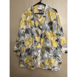 Alfred Dunner 22W Yellow‎ Gray Floral Blouse Summer